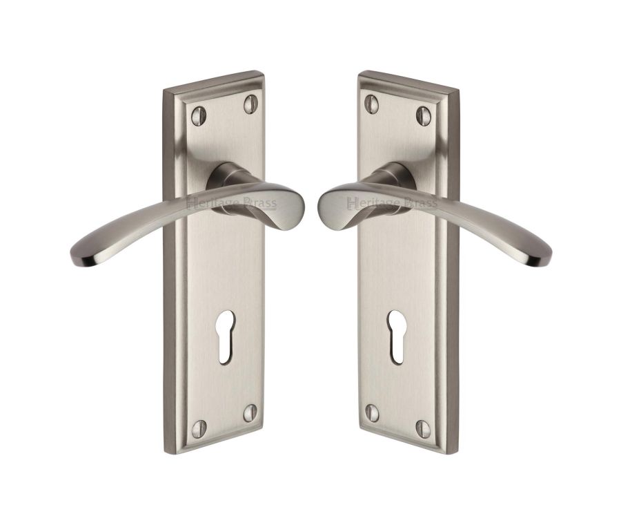 Heritage Brass Satin Nickel Hilton Door Handle on Plate - Lever Lock