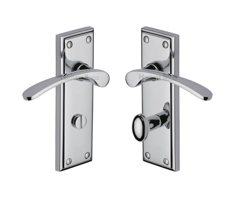 Heritage Brass Polished Chrome Hilton Door Handle on Plate - Bathroom Set