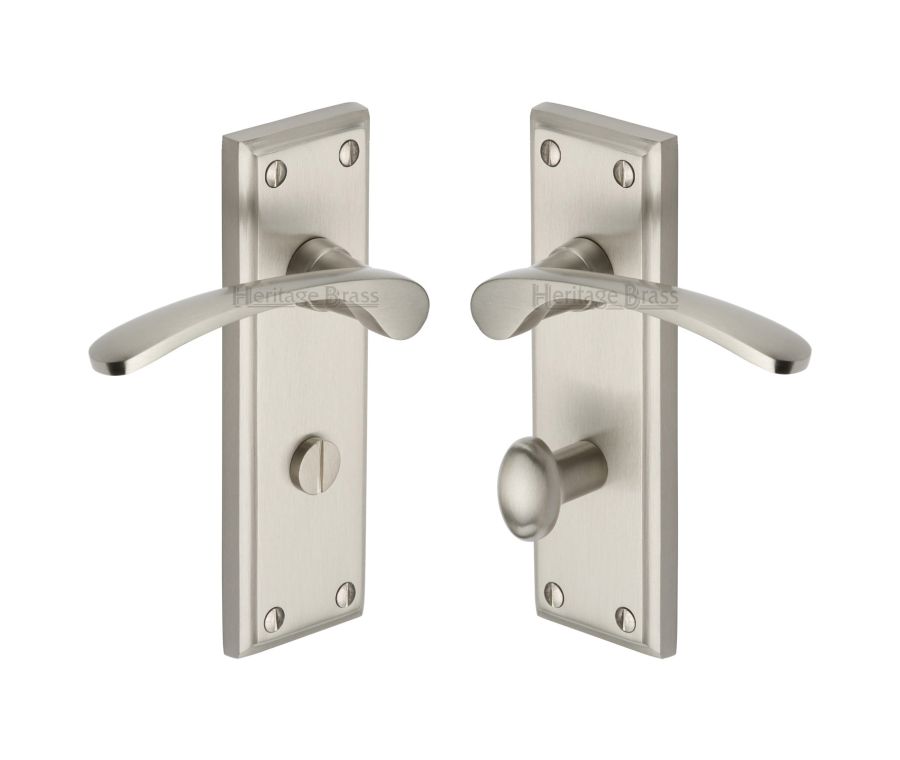 Heritage Brass Satin Nickel Hilton Door Handle on Plate - Bathroom Set