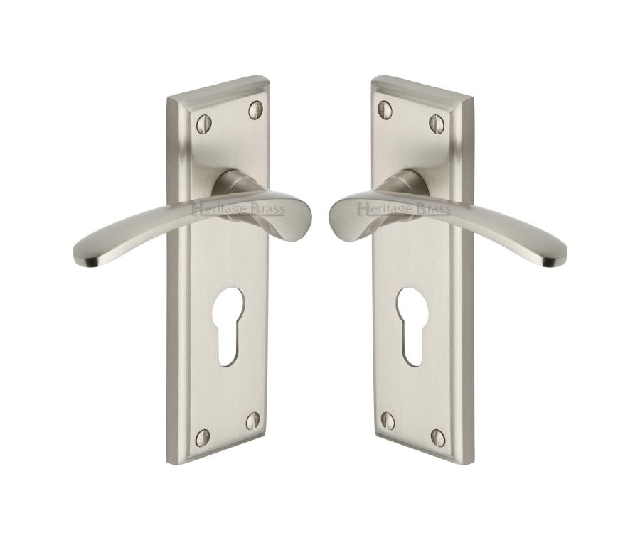 Heritage Brass Satin Nickel Hilton Door Handle on Plate - Euro Profile