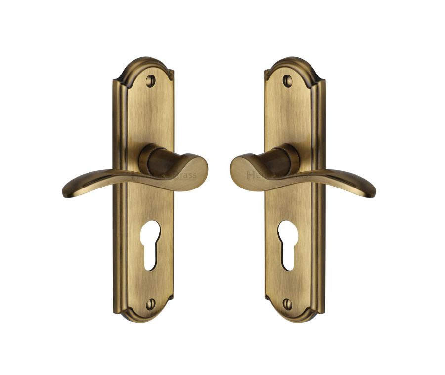 Heritage Brass Antique Brass Howard Door Handle on Plate - Euro Profile