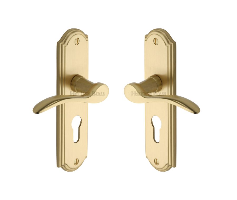 Heritage Brass Satin Brass Howard Door Handle on Plate - Euro Profile