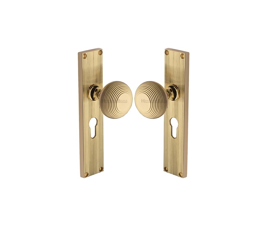Heritage Brass Polished Brass Beehive Door Knob on Reeded Plate - Euro Profile Set