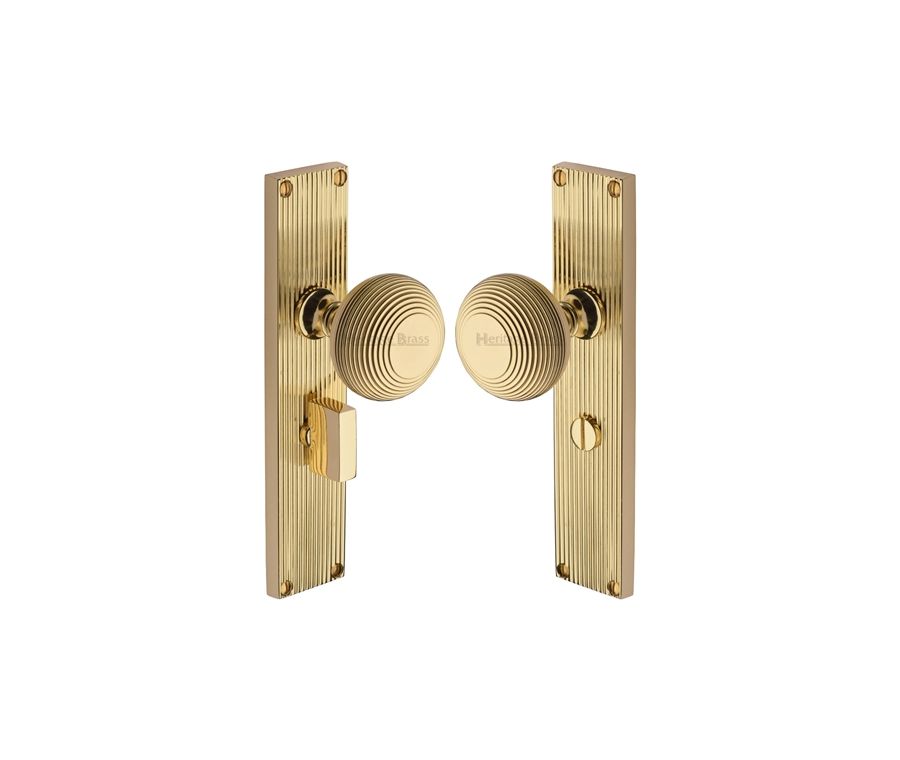Heritage Brass Polished Brass Beehive Door Knob on Reeded Plate - Bathroom Set