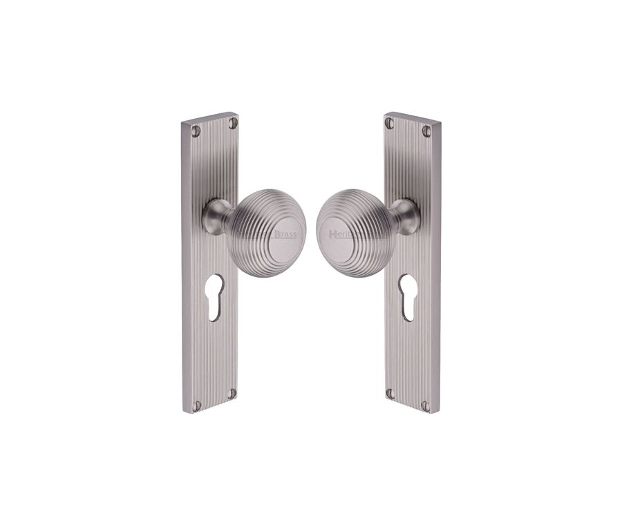 Heritage Brass Satin Nickel Beehive Door Knob on Reeded Plate - Euro Profile Set