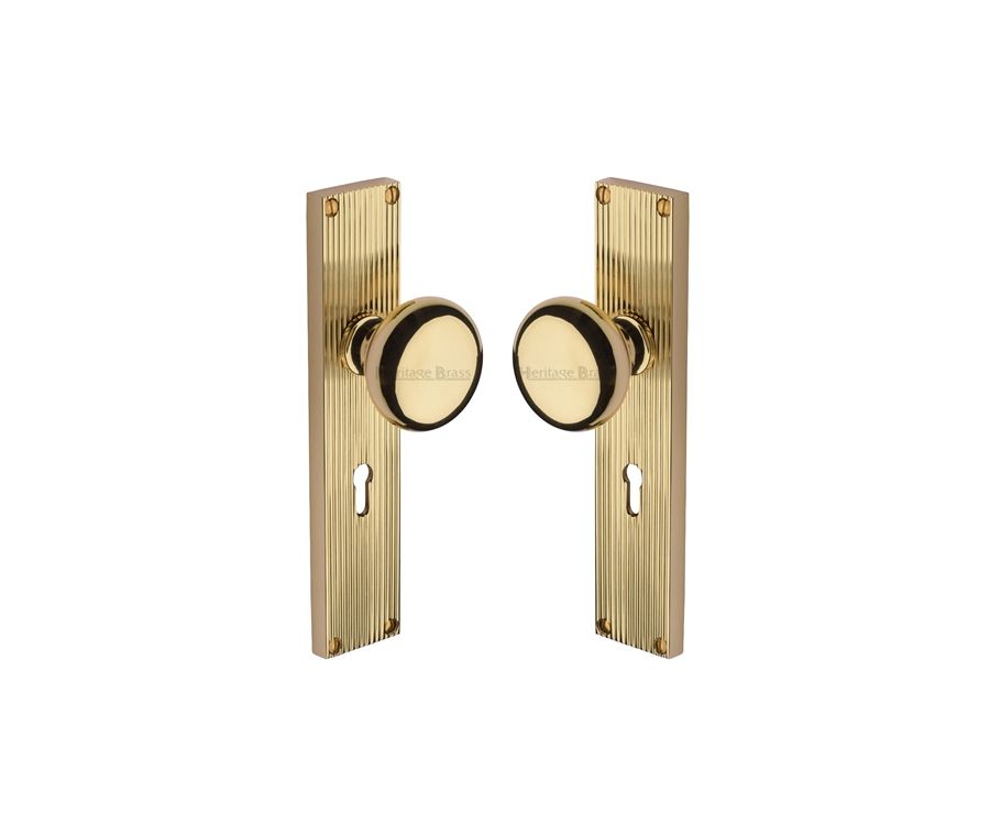 Heritage Brass Polished Brass Victoria Door Knob on Reeded Plate - Lock Set