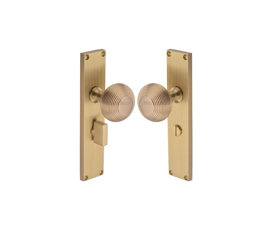 Heritage Brass Satin Brass Beehive Door Knob on Reeded Plate - Bathroom Set