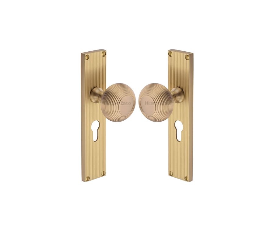 Heritage Brass Satin Brass Beehive Door Knob on Reeded Plate - Euro Profile Set
