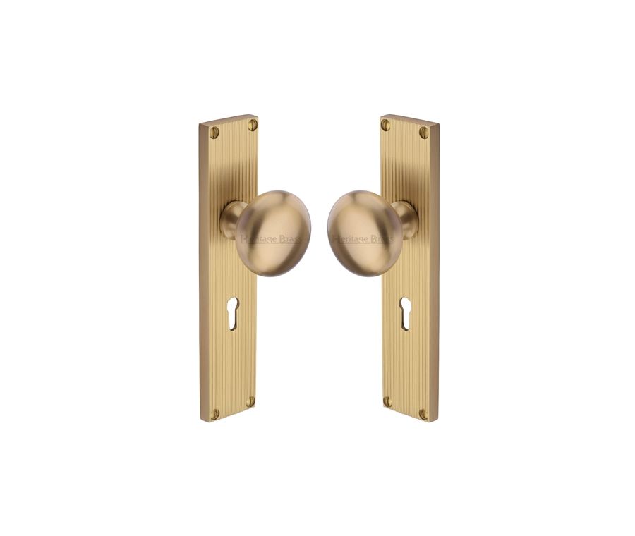 Heritage Brass Satin Brass Victoria Door Knob on Reeded Plate - Lock Set