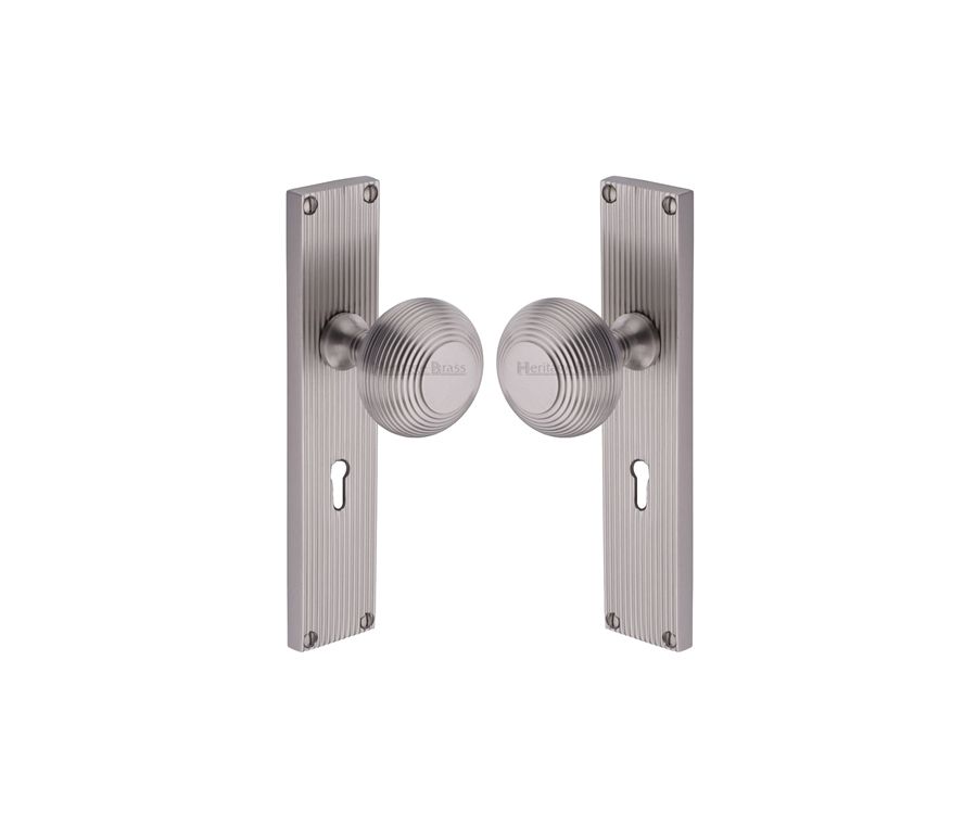Heritage Brass Satin Nickel Beehive Door Knob on Reeded Plate - Lock Set