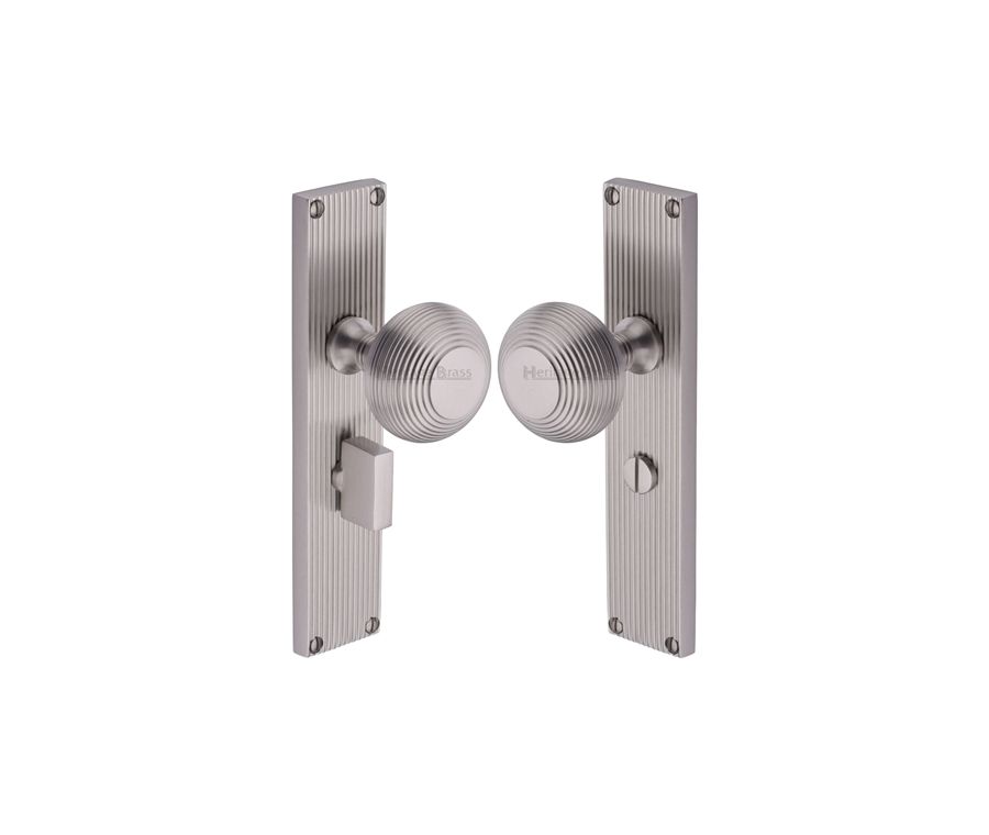 Heritage Brass Satin Nickel Beehive Door Knob on Reeded Plate - Bathroom Set