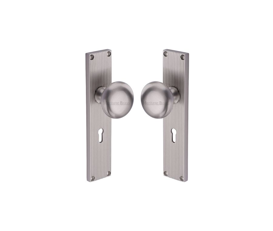 Heritage Brass Satin Nickel Victoria Door Knob on Reeded Plate - Lock Set
