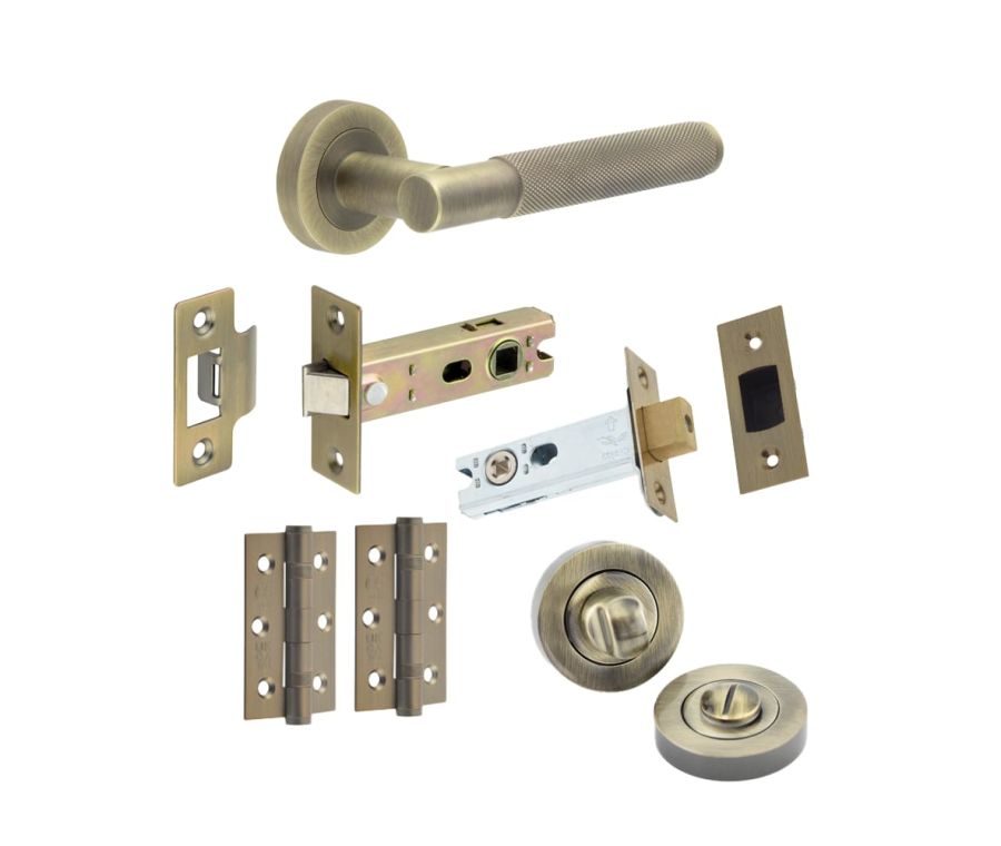 Antique Brass Knurled Camden Bathroom Door Handle Set
