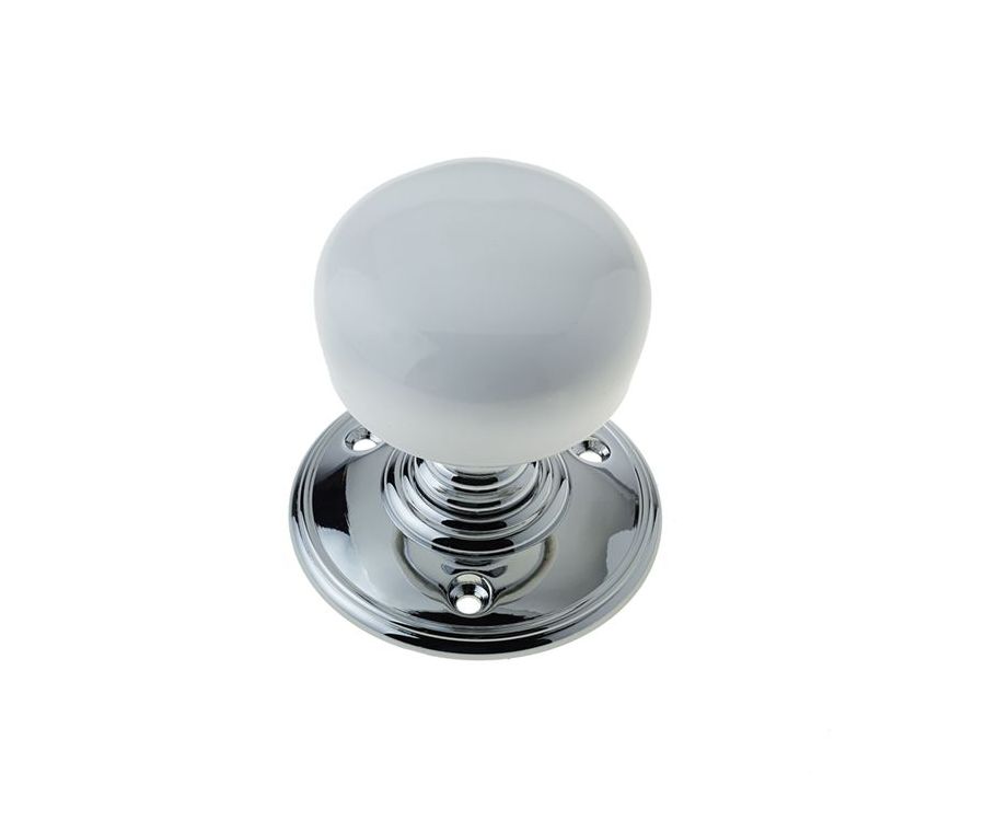 Frelan White porcelain mortice knob furniture on PC rose