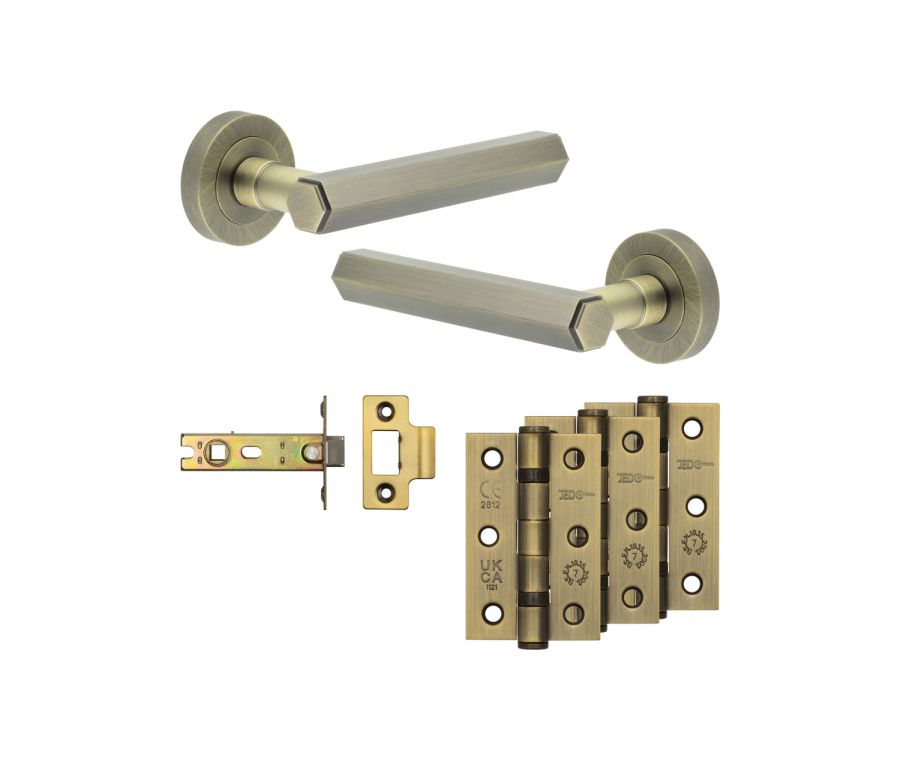 Jedo Antique Brass Hex Door Handle Pack | Internal Doors |   JE-C3B-AB