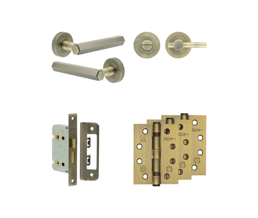 Jedo Antique Brass Hex Door Handle Pack | Bathroom |  JE-C5A2-AB