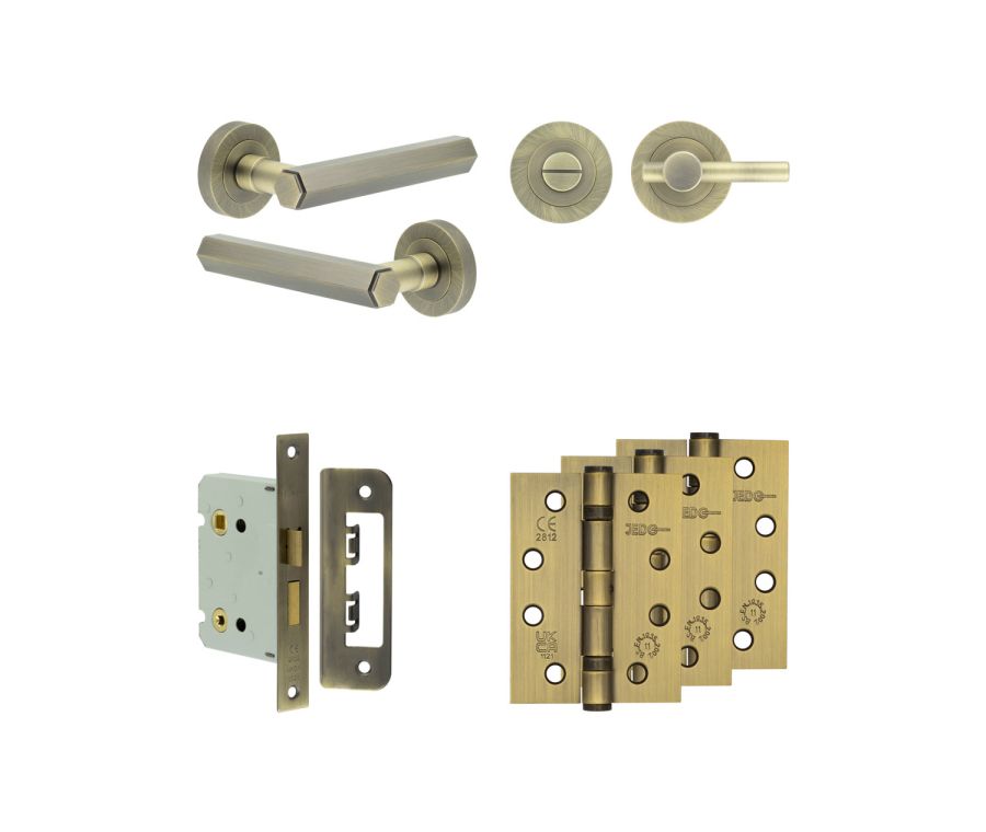 Jedo Antique Brass Hex Door Handle Pack | Bathroom |  JE-C6A2-AB