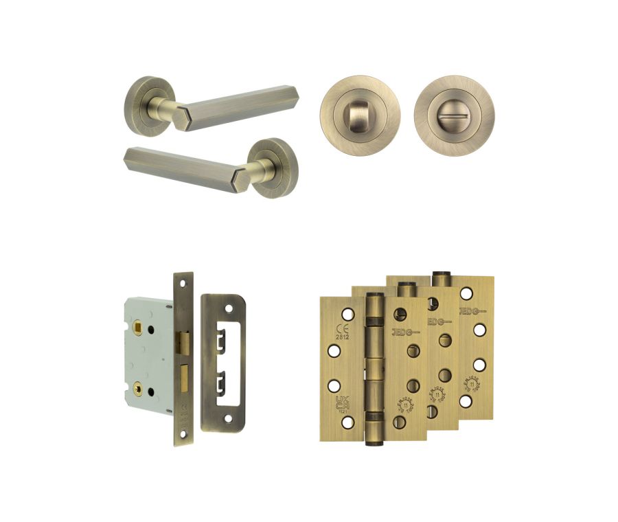 Jedo Antique Brass Hex Door Handle Pack | Bathroom |  JE-C6A3-AB