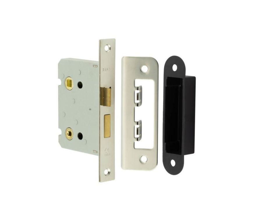 Frelan 76mm NP Bathroom lock square forend & radiused strike plate