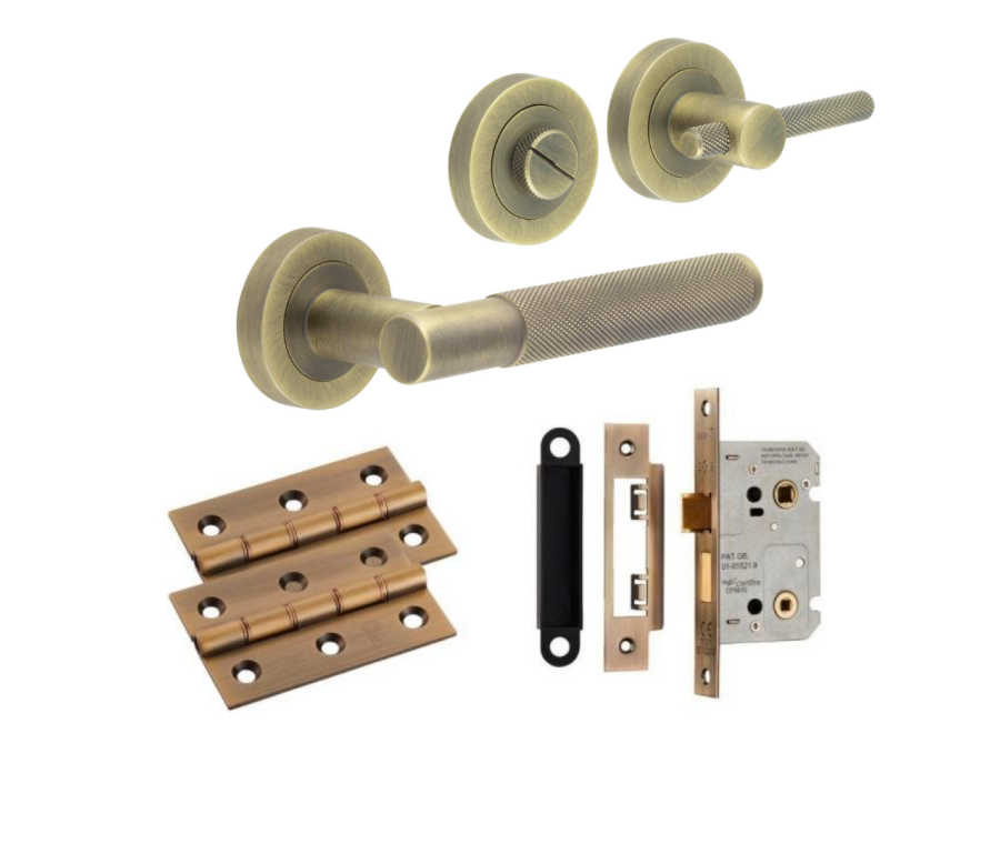 Antique Brass JV850AB Knurled Handle Door Kit - Bathroom