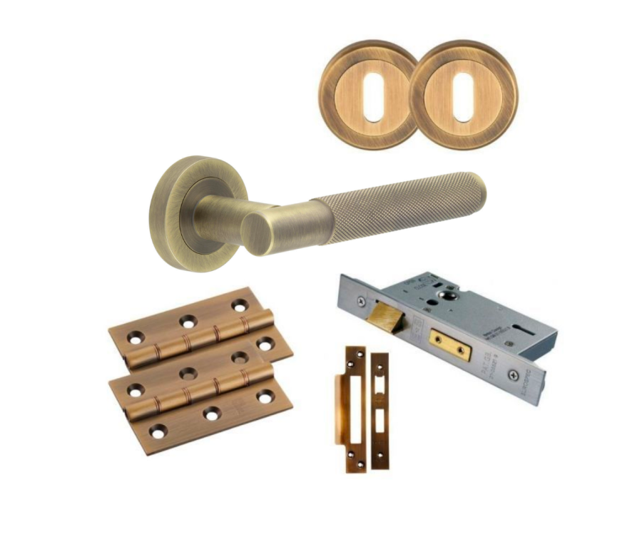 Antique Brass JV850AB Knurled Handle Door Kit - Lock
