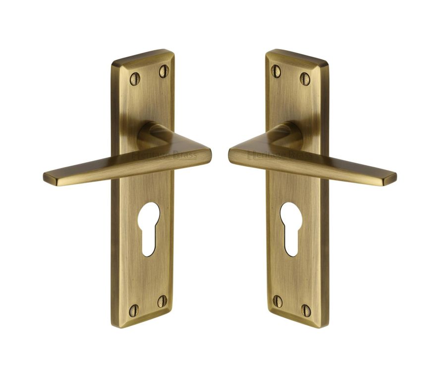 Heritage Brass Antique Brass Kendal Door Handle on Plate - Euro Profile