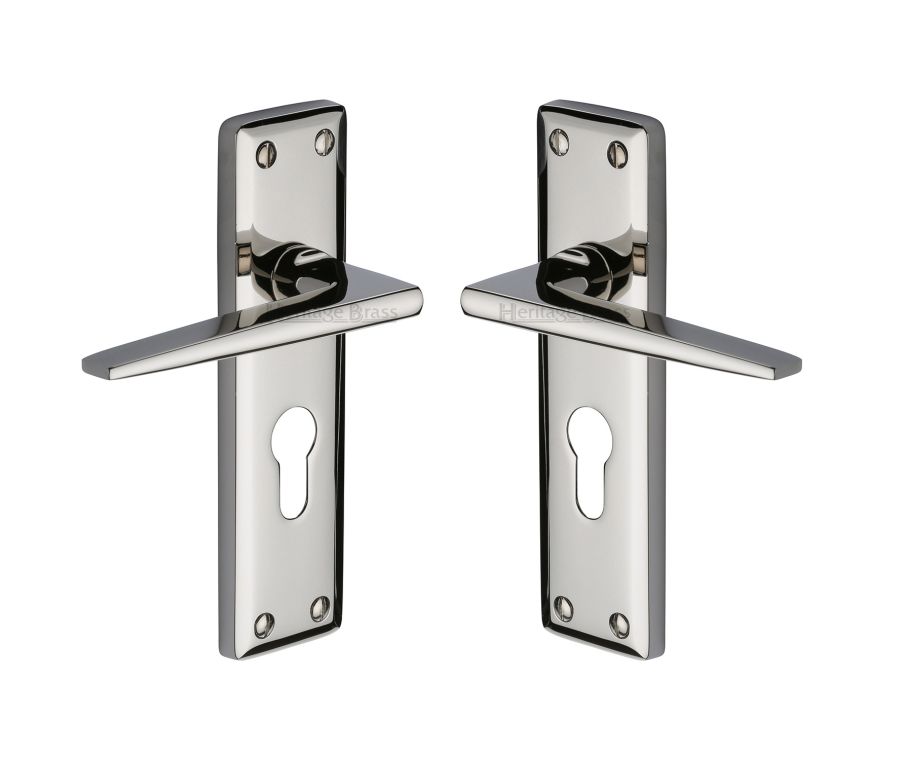 Heritage Brass Polished Nickel Finish Kendal Door Handle on Plate - Euro Profile