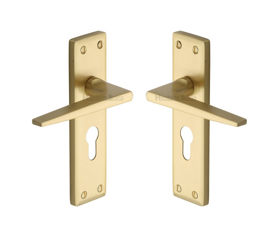 Heritage Brass Satin Brass Kendal Door Handle on Plate - Euro Profile