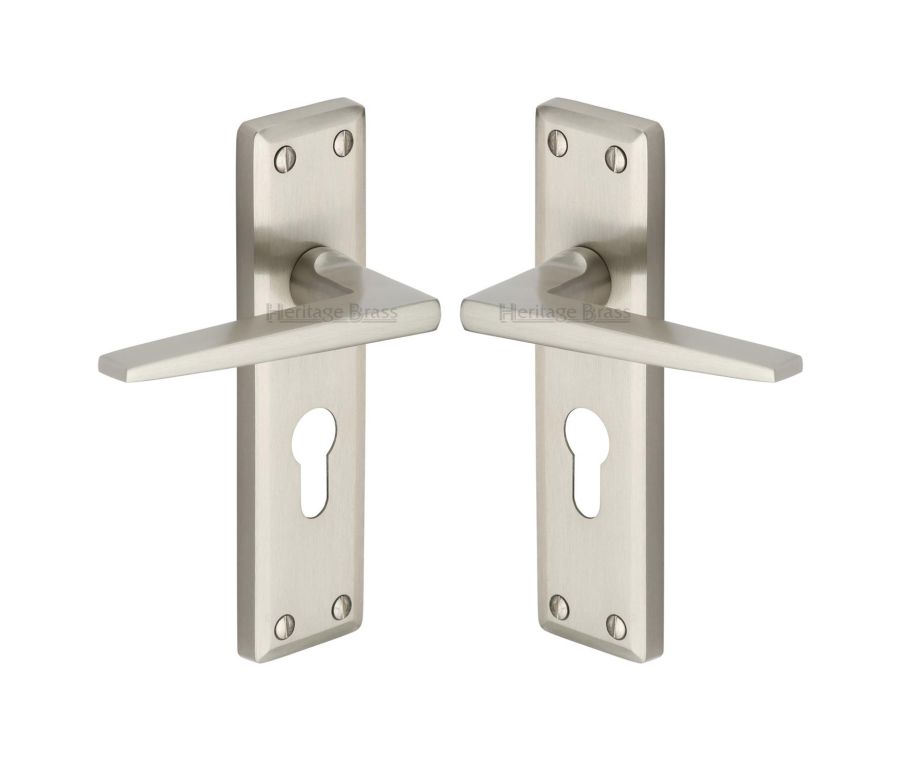 Heritage Brass Satin Nickel Kendal Door Handle on Plate - Euro Profile