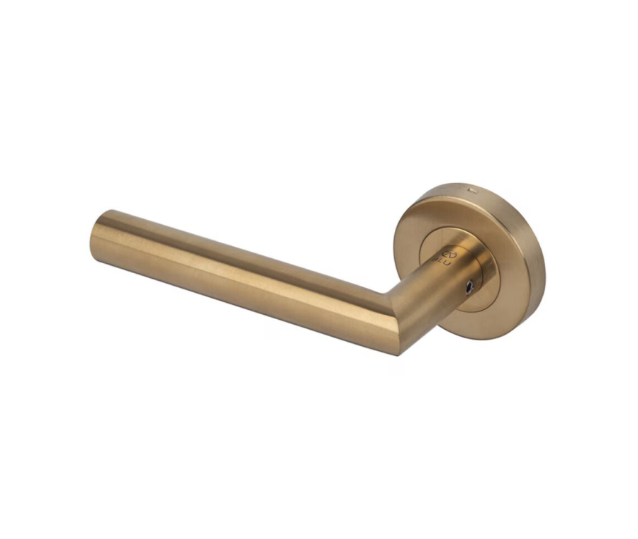 BLU Satin Brass Mitre Lever Door Handle on rose  |  KM060C-PSB