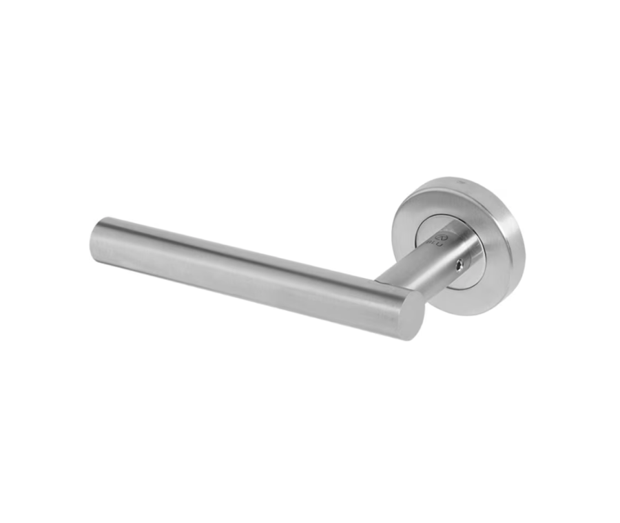BLU Satin Stainless Steel 'T' Bar Lever Door Handle on rose  |  KM065C-SSS