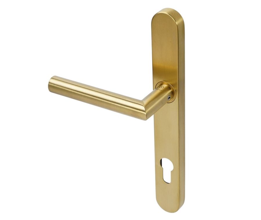 BLU Satin Brass Mitre Lever Door Handle on euro backplate  |  KM078C-PSB