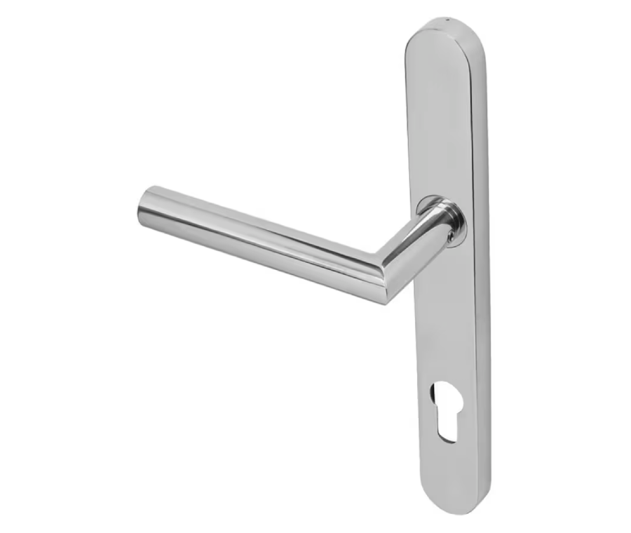 BLU Polished Stainless Steel Mitre Lever Door Handle on euro backplate  |  KM078C-PSS