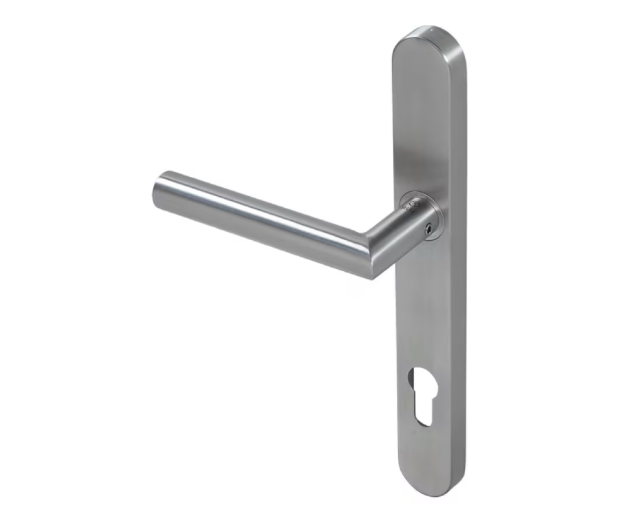 BLU Satin Stainless Steel Mitre Lever Door Handle on euro backplate  |  KM078C-SSS