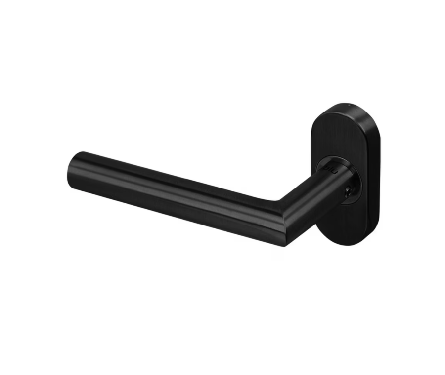 BLU Matt Black Mitre Lever Door Handle on oval rose | KM960C-MBL