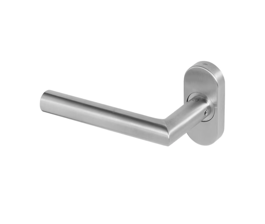 BLU Satin Stainless Steel Mitre Lever Door Handle on oval rose |  KM960C-SSS