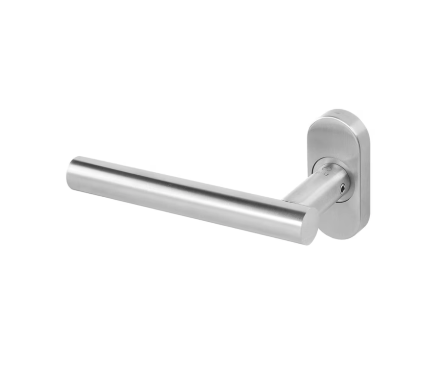 BLU Satin Stainless Steel T Bar Lever Door Handle on oval rose  |  KM965C-SSS