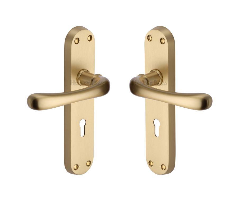 Heritage Brass Satin Brass Luna Door Handle on Plate - Lever Lock