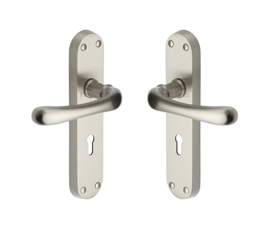 Heritage Brass Satin Nickel Luna Door Handle on Plate - Lever Lock