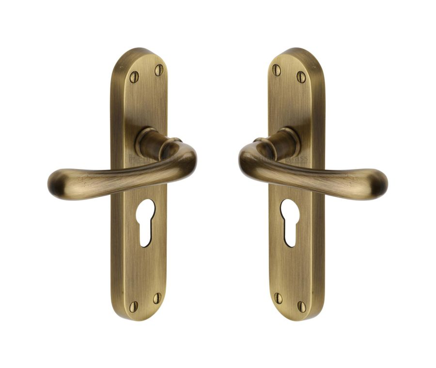Heritage Brass Antique Brass Luna Door Handle on Plate - Euro Profile