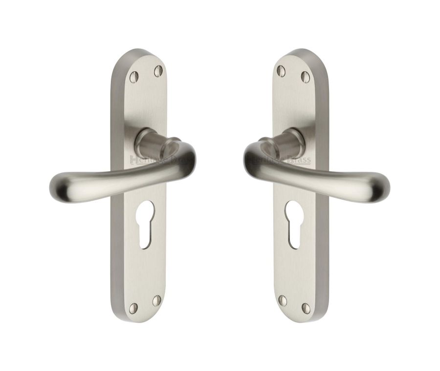 Heritage Brass Satin Nickel Luna Door Handle on Plate - Euro Profile