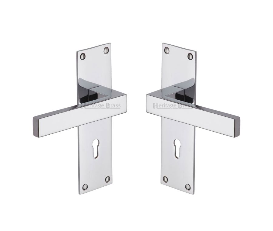 Heritage Brass Polished Chrome Metro Door Handle on Plate - Lever Lock