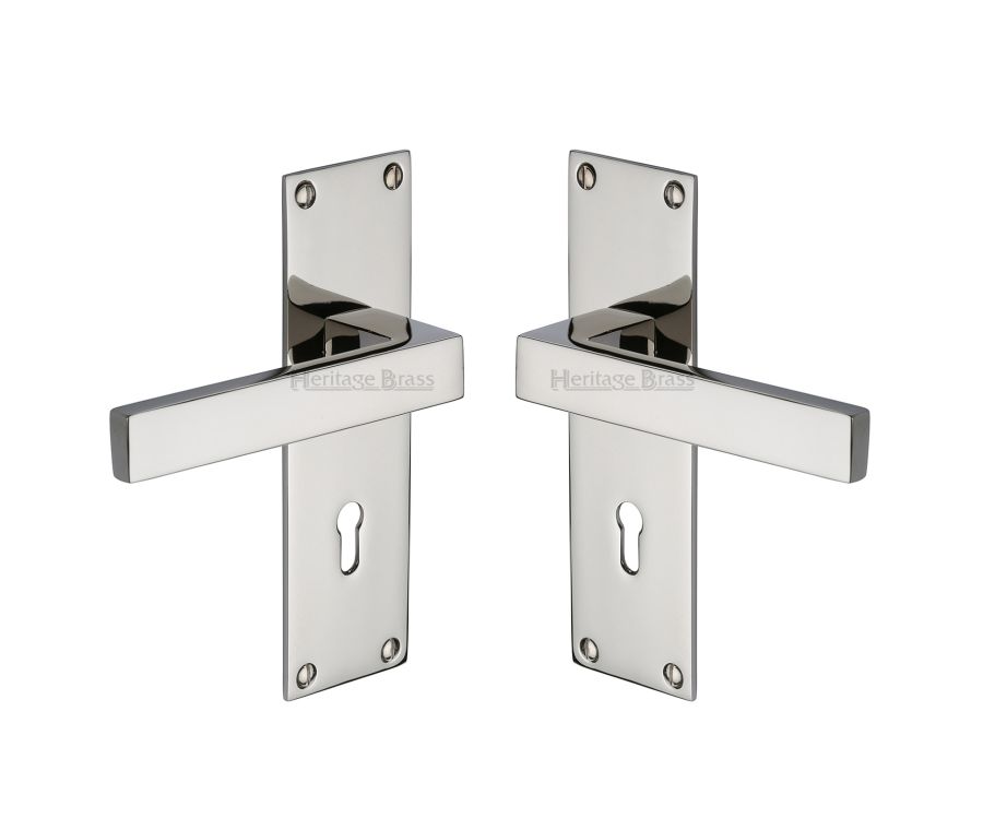 Heritage Brass Polished Nickel Finish Metro Door Handle on Plate - Lever Lock