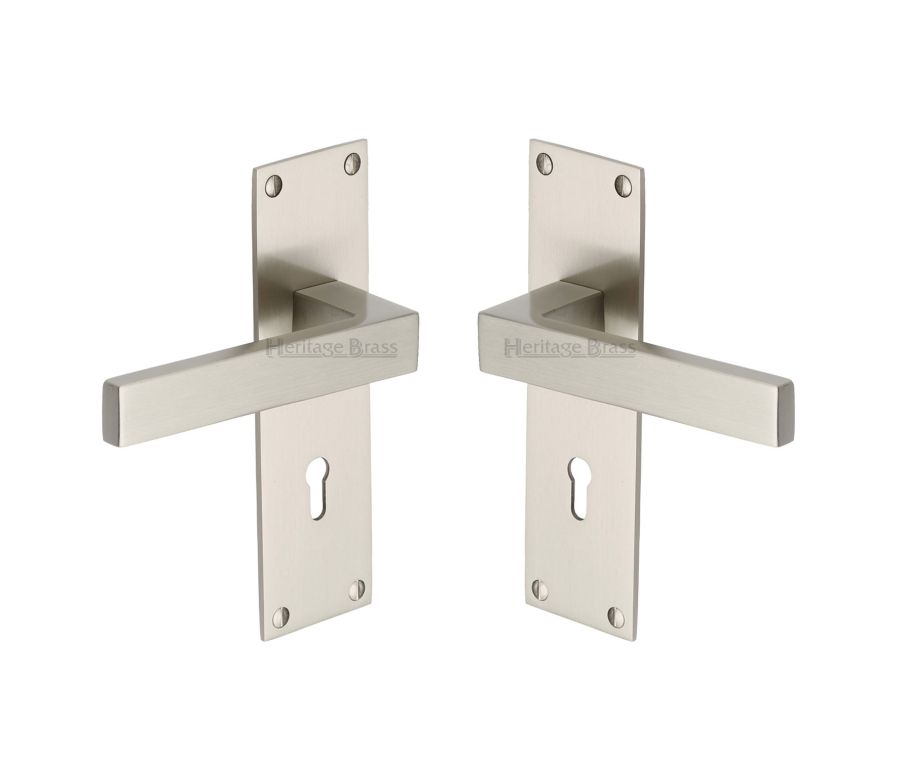 Heritage Brass Satin Nickel Metro Door Handle on Plate - Lever Lock