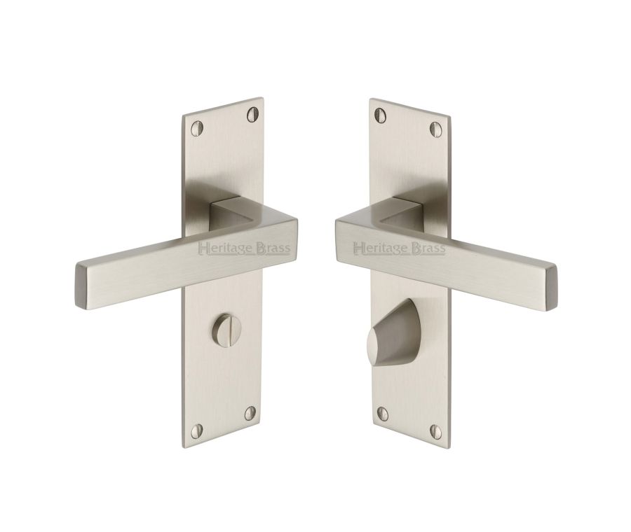 Heritage Brass Satin Nickel Metro Door Handle on Plate - Bathroom Set