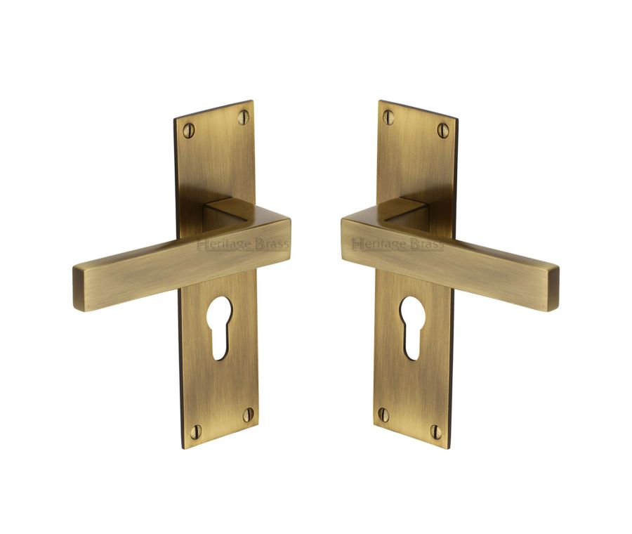 Heritage Brass Antique Brass Metro Door Handle on Plate - Euro Profile