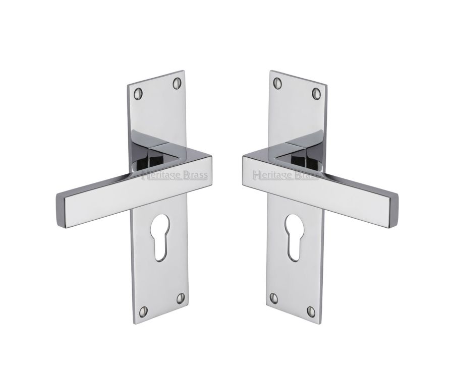 Heritage Brass Polished Chrome Metro Door Handle on Plate - Euro Profile