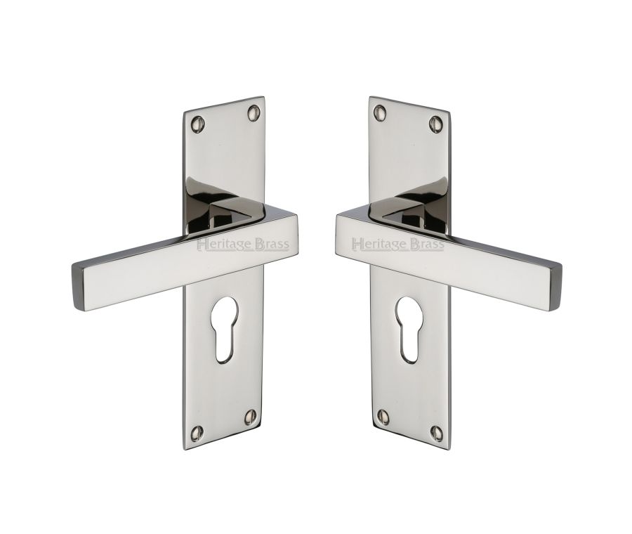 Heritage Brass Polished Nickel Finish Metro Door Handle on Plate - Euro Profile
