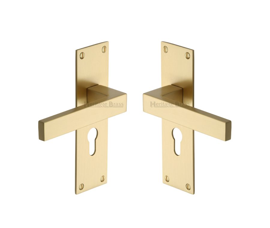 Heritage Brass Satin Brass Metro Door Handle on Plate - Euro Profile