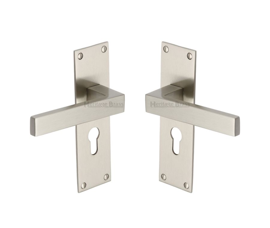 Heritage Brass Satin Nickel Metro Door Handle on Plate - Euro Profile